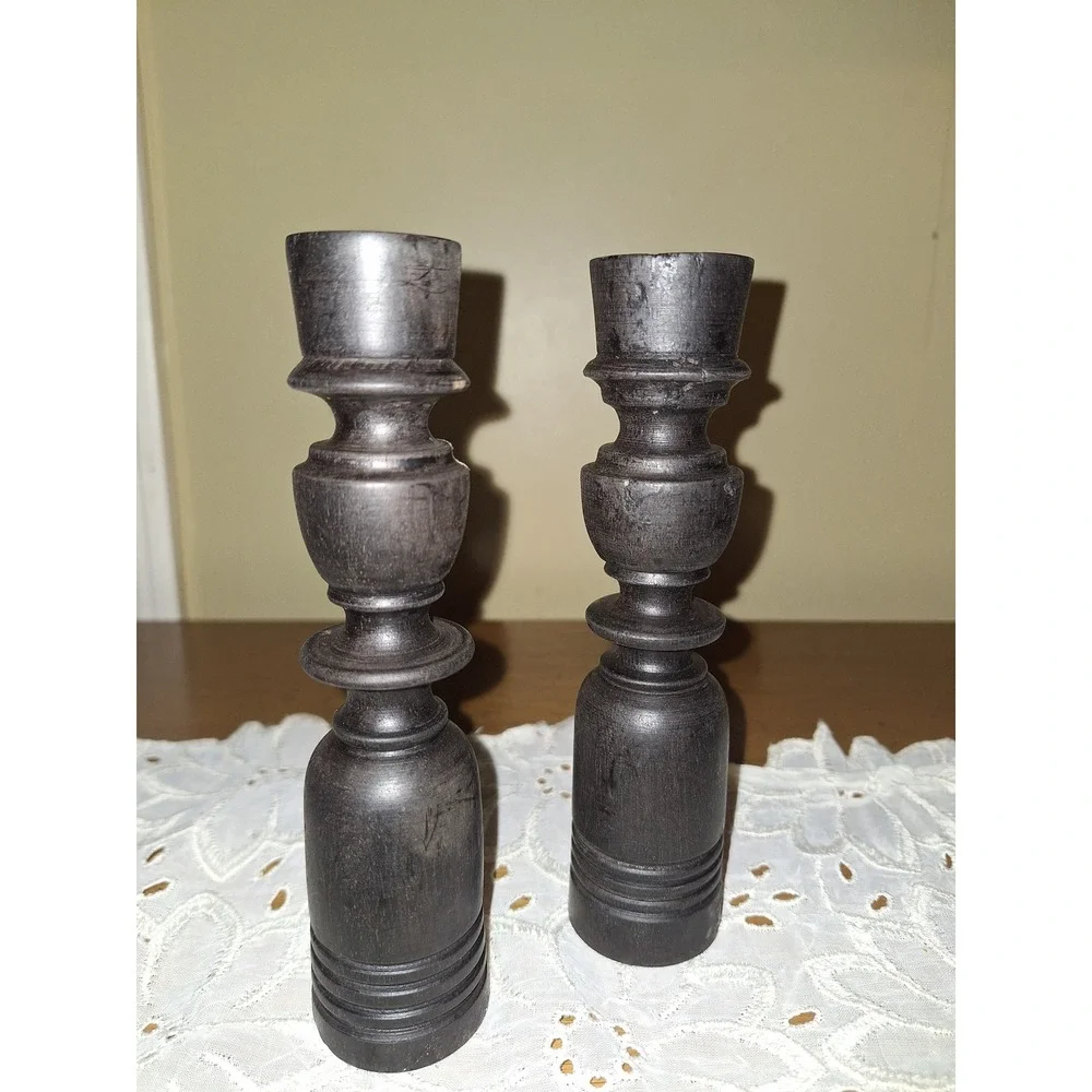 Vintage Turned Wood Candlestick Holders Pair Ebony Black Spindle Taper Set